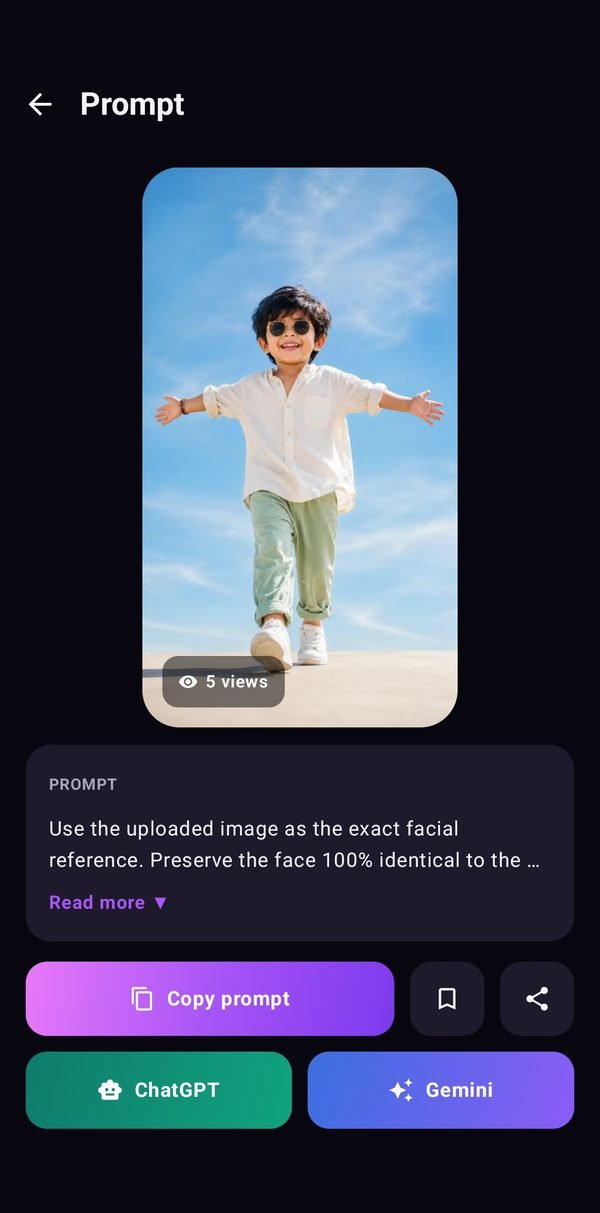 Saved Prompts screen showing favorite AI image prompts in the Editing Prompts app