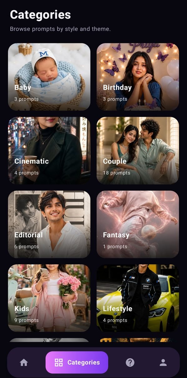 Categories screen for exploring AI image prompts by style — cinematic, couple, kids, lifestyle and more